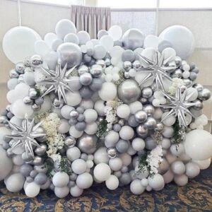 Moukiween 6 Pcs Explosion Star Foil Balloons- 12 Point Star Balloons, Silver Starburst Cone Mylar Balloons Spike Balloons for Party Supplies Christmas Birthday Wedding Baby Shower Photo Booth