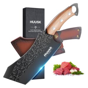 huusk meat cleaver knife with sheath, forged full tang butcher knife for meat cutting black viking knife for vegetables cooking knife for bbq camping outdoor gifts for dad thanksgiving christmas gift