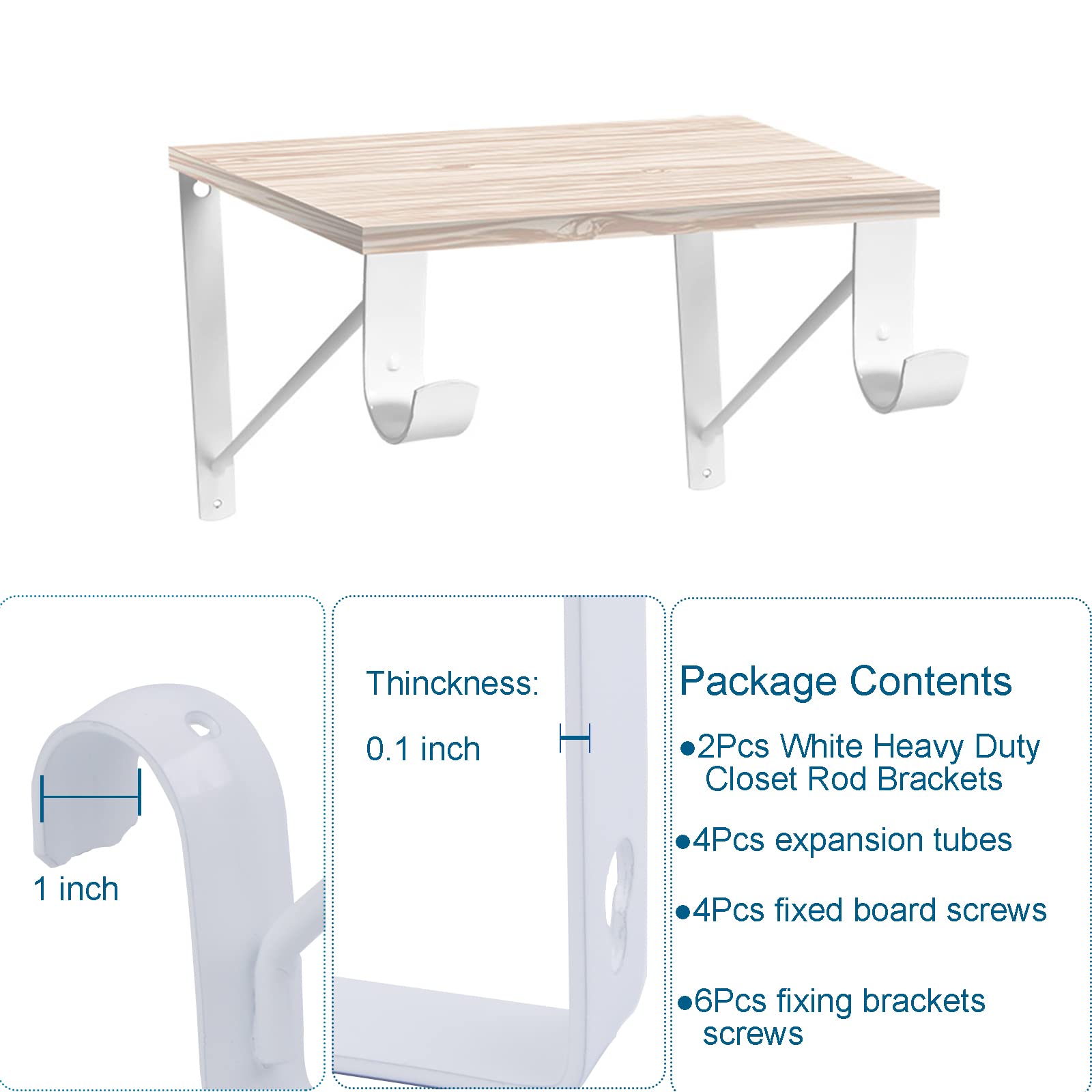 YROUHNAE 2 Pack White Closet Rod Brackets Heavy Duty 10.9"x12.3"x1" Closet Support Brackets for Rod, 300lb Weight Capacity Closet Shelf & Rod Brackets, Closet Pole and Shelves Support