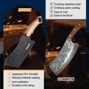 Huusk Meat Cleaver Knife with Sheath, Forged Full Tang Butcher Knife for Meat Cutting Black Viking Knife for Vegetables Cooking Knife for BBQ Camping Outdoor Gifts for Dad Thanksgiving Christmas Gift