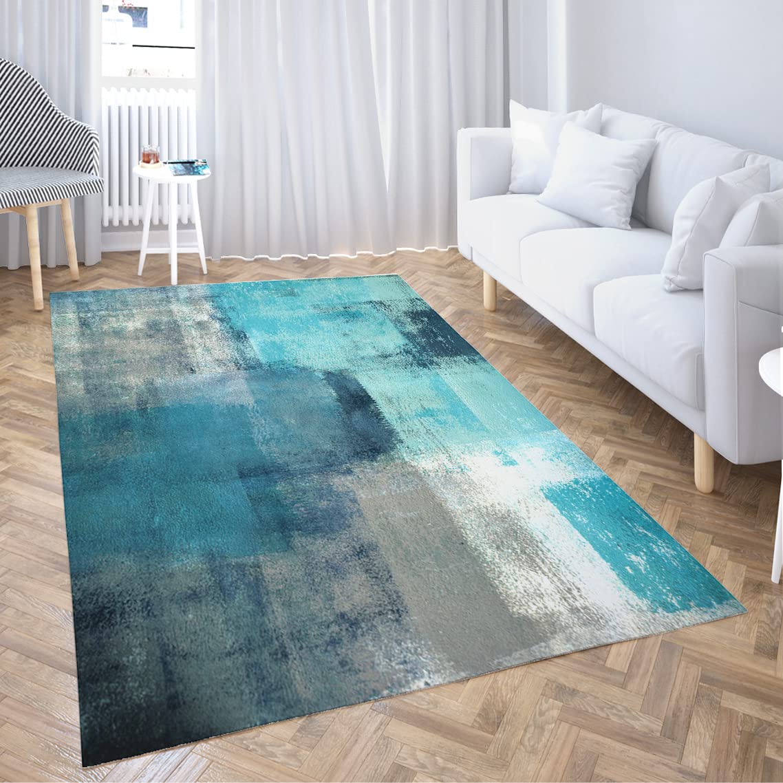 LOKMU Non-Slip Area Rugs Turquoise and Grey Abstract Art Home Decor Rugs Carpet for Classroom Living Room Bedroom Dining Kindergarten Room 5'x7'