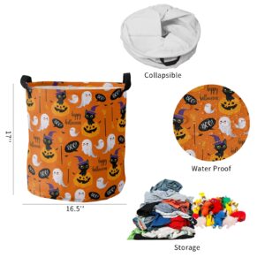 Laundry Basket,Halloween Black Cat Ghost Pumpkins Waterproof Clothes Hampers with Handle,Boo Witch Hat Broom on Orange Large Collapsible Storage Bag for Bedroom Bathroom 16.5x17In