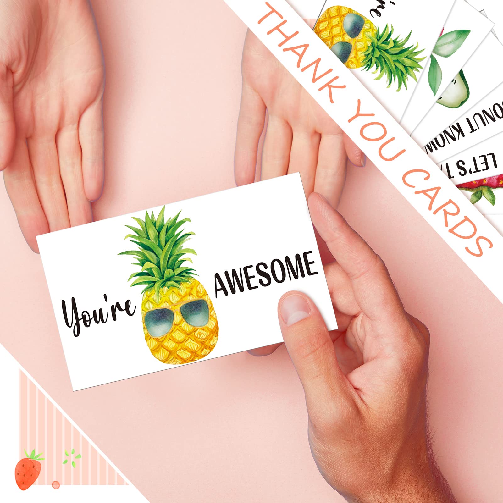 Woanger 210 Pcs Funny Thank You Cards Bulk Small Thank You Notes Pun 2 x 3.5 Inch Employee Appreciation Card Greeting Note Cards For Christmas Gifts Business Coworker Friends Recognition (Fruit)