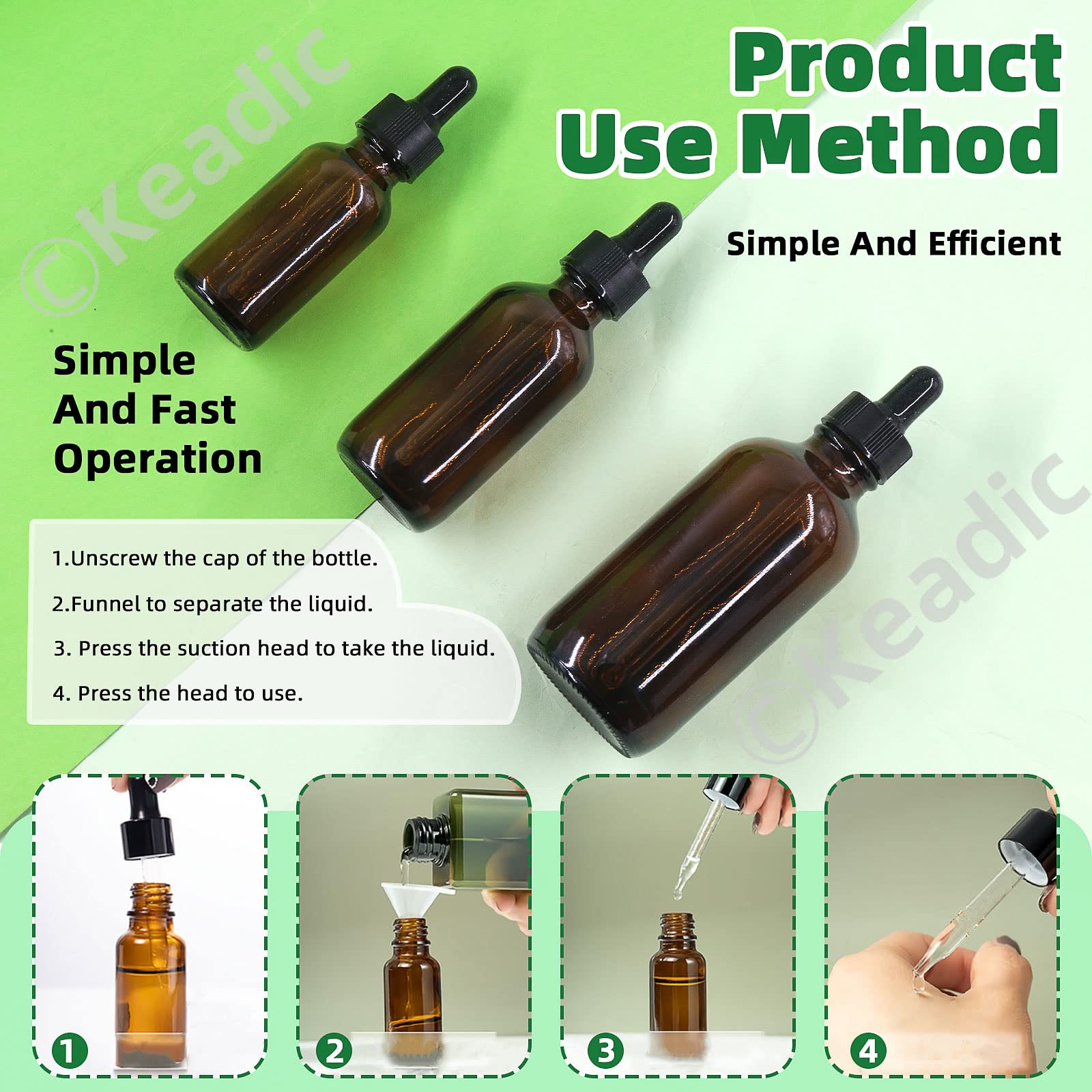 Keadic 24 Pack 1 Oz 2 Oz 4 Oz Glass Dropper Bottles Assortment Set with Tapered Eye Dropper & Black Cap Amber Round Boston Tincture Bottles for Massage Essential Oils Perfumes Liquids