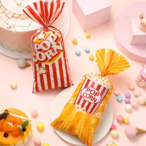 Teling 100 Pcs Popcorn Bags for Party, Popcorn Treat Bags Set, 100 Pcs Candy Bags Red White Stripe Cookie Snacks Bags with 150 Red Twist Ties for Christmas Carnival Birthday Party Favor (Cute Style)