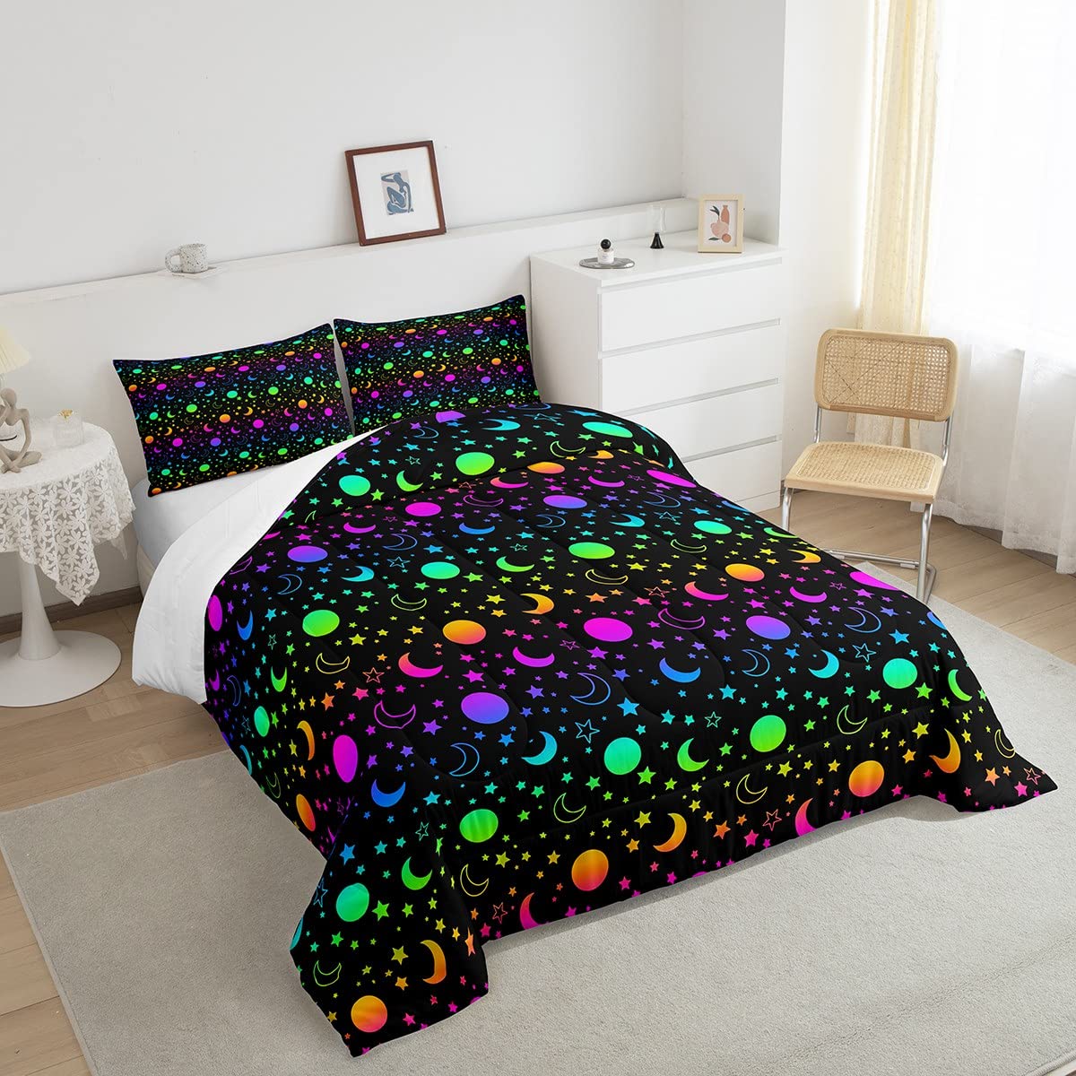 Moon Star Print Comforter Set Boho Exotic Bedding Set Galaxy Starry Sky Comforter for Kids Boys Girls Astrology Space Duvet Set Cosmic Celestial Room Decor Quilt Full Size Boys