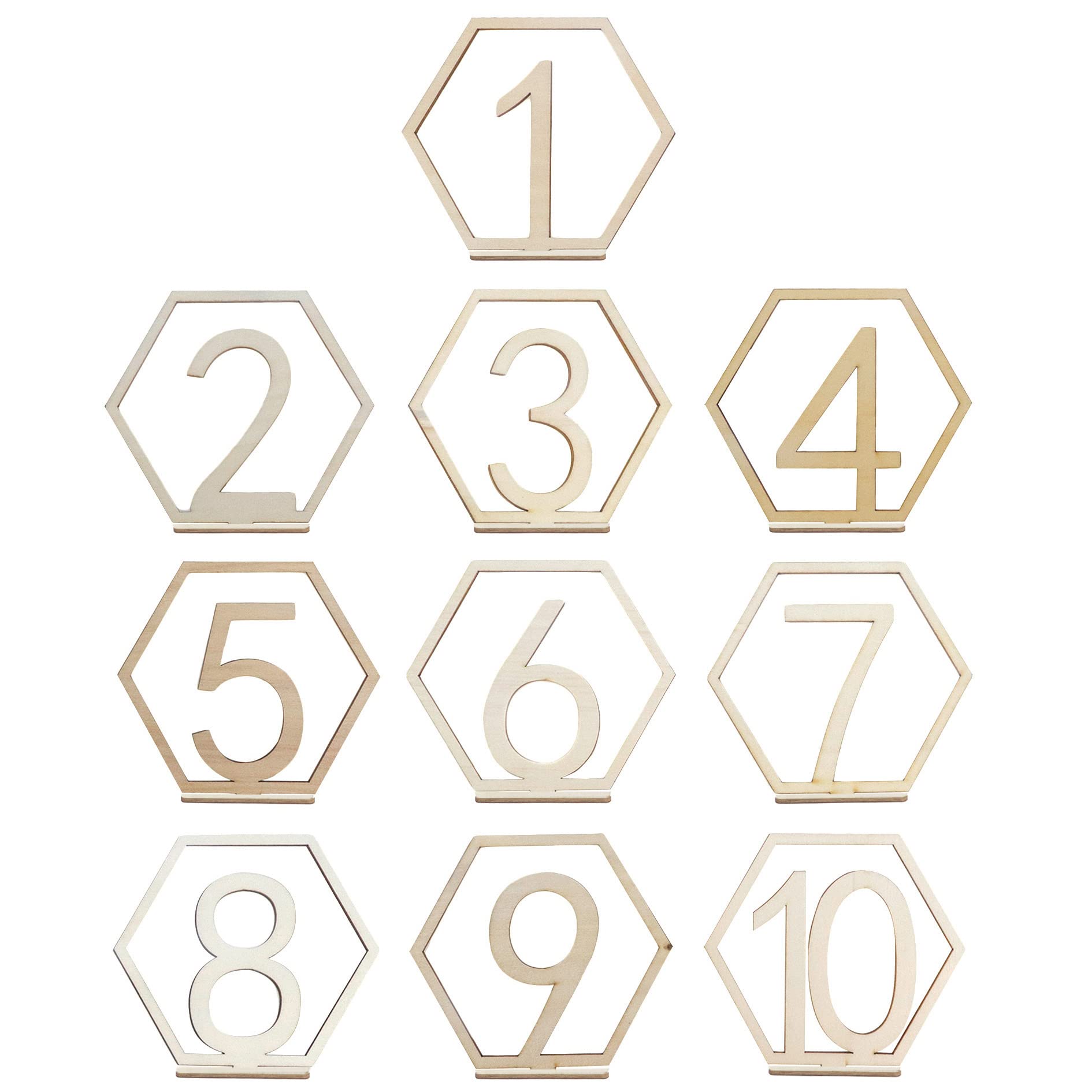 HEVSTIL 10pcs 1-10 Wooden Table Numbers, Wedding Table Numbers with Holder Base Wooden Table Numbers Hexagon Shape Table Numbers for Wedding Reception and Decoration