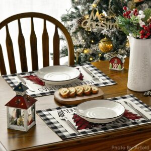 Artoid Mode Waterclor Buffalo Plaid Christmas Trees Placemats Set of 4, 12x18 Inch Winter Table Mats for Outdoor Home Party Kitchen Dining Decor