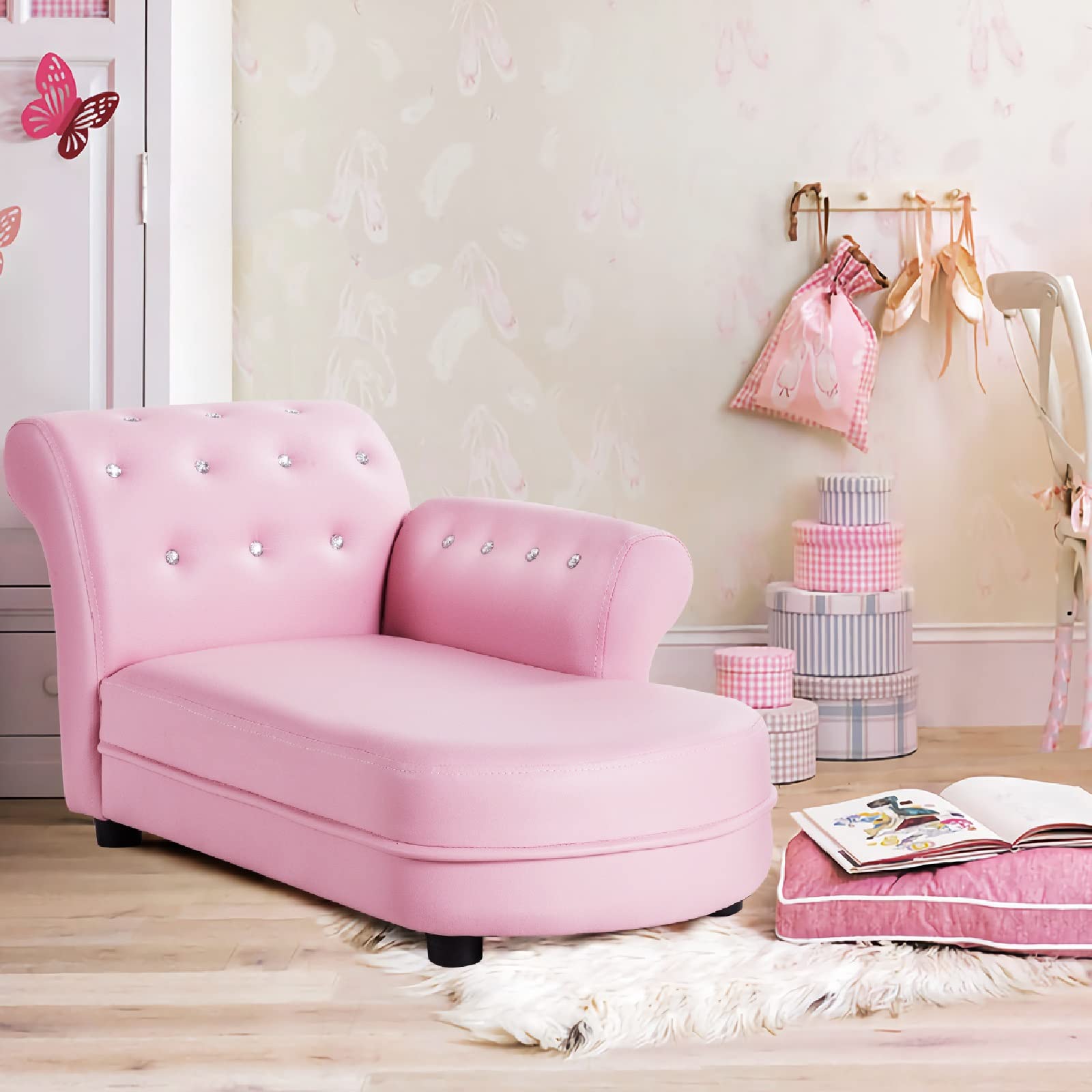 INFANS Kids Sofa, Toddler Couch with PVC Leather & Embedded Crystal, Pink Princess Chaise Lounge Armchair, Toddler Furniture Kids Upholstered Long Lounger for Toddler Baby Girl, Living Room