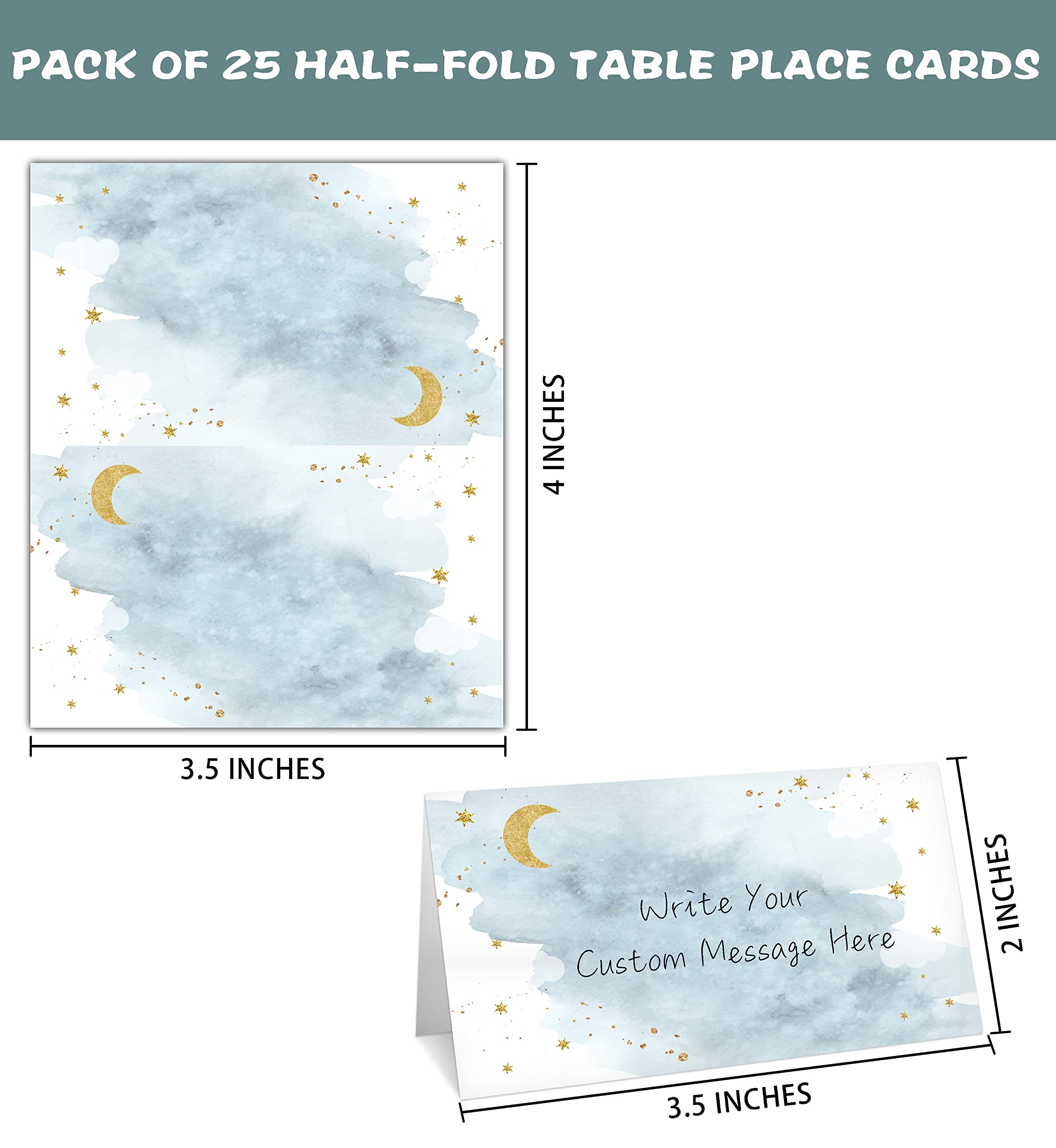 Table Place Card for Baby Shower, 25 Pcs Tent Cards Set with Moon and Stars Design, Editable Name Cards for Table Seating, Sleepover Party Food Lables, Twinkle Little Star Baby Shower Decorations(09)