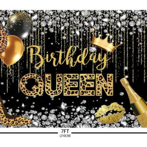 Sendy 7x5ft Birthday Queen Backdrop for Woman Girl Leopard Black and Gold Diamond Crown Balloon Champagne Photography Background Prom Bday Party Decorations Supplies Banner Cake Table Props, One Size