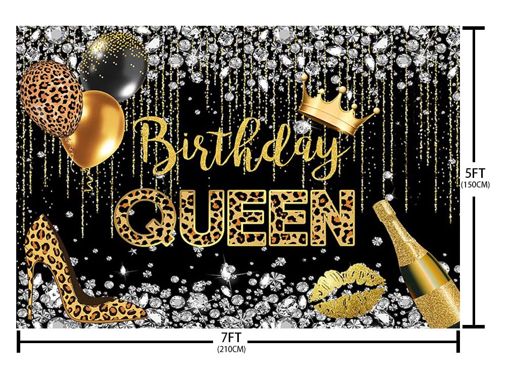 Sendy 7x5ft Birthday Queen Backdrop for Woman Girl Leopard Black and Gold Diamond Crown Balloon Champagne Photography Background Prom Bday Party Decorations Supplies Banner Cake Table Props, One Size