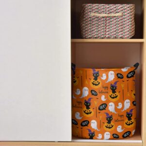 Laundry Basket,Halloween Black Cat Ghost Pumpkins Waterproof Clothes Hampers with Handle,Boo Witch Hat Broom on Orange Large Collapsible Storage Bag for Bedroom Bathroom 16.5x17In