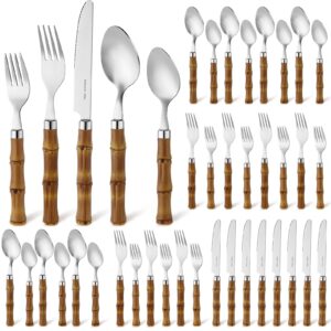 coume 40 pcs bamboo flatware set for 8 bamboo utensils bamboo cutlery bamboo silverware stainless steel tableware spoons forks knife set with plastic handle