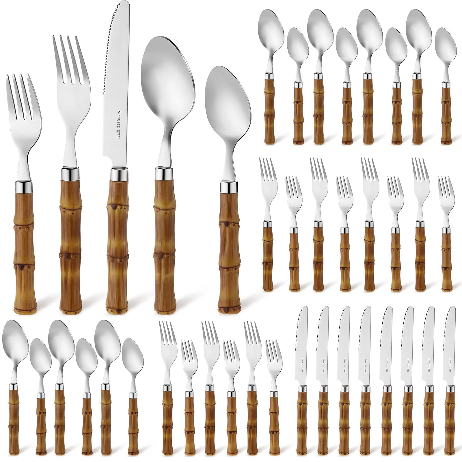 Coume 40 Pcs Bamboo Flatware Set for 8 Bamboo Utensils Bamboo Cutlery Bamboo Silverware Stainless Steel Tableware Spoons Forks Knife Set with Plastic Handle