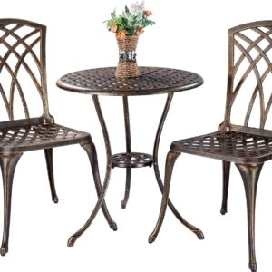 ZOTORUN Bistro Set 3 Piece Cast Aluminum Patio Furniture Sets 2 Chairs and 1 Round Table with Umbrella Hole for Outdoor, Patio Balcony, Bronze