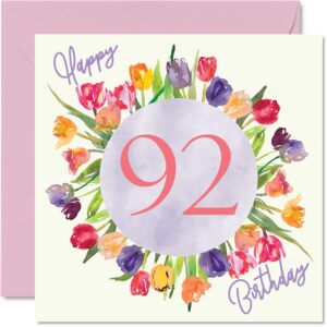 beautiful 92nd birthday cards for women - watercolour tulips flowers bouquet - happy birthday card for her great grandma nanny gran birthday gifts, 5.7 x 5.7 inch lovely floral greeting cards gift