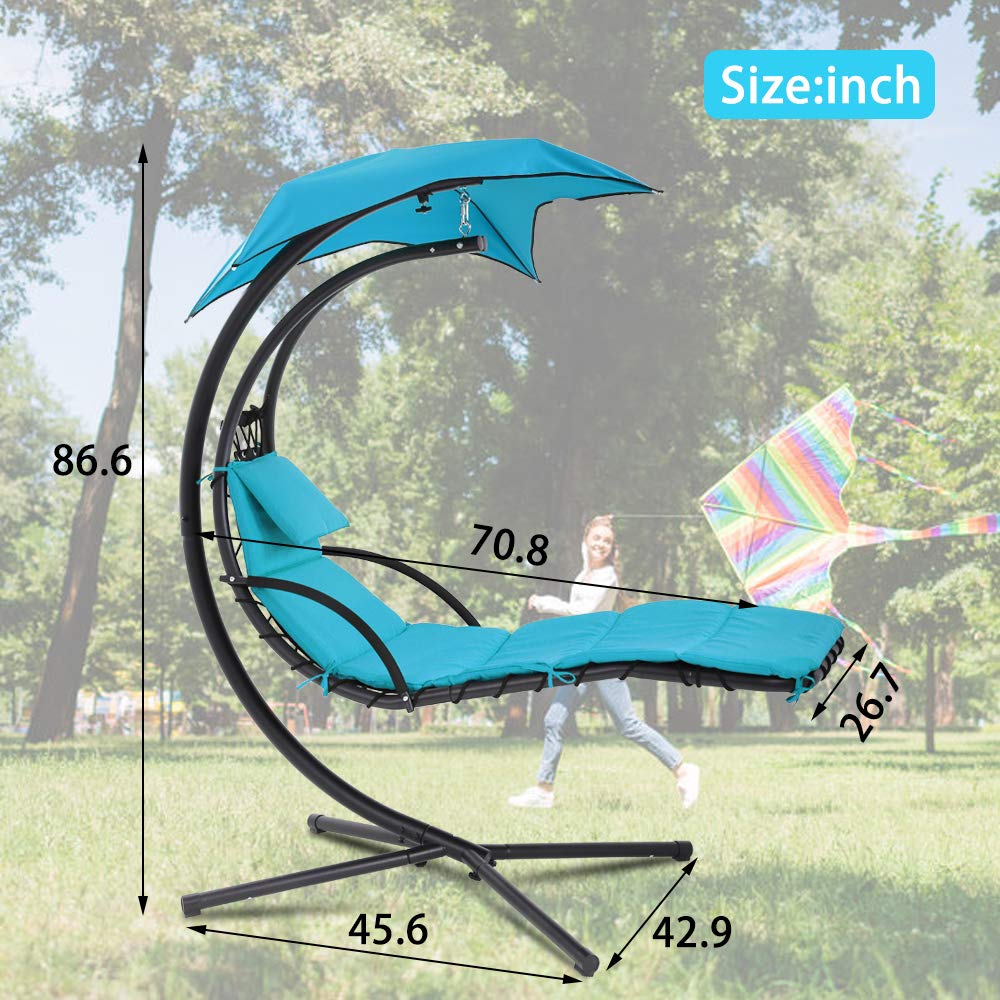 Dkelincs Hanging Lounge Chair, Outdoor Swinging Curved Chaise Lounge Chair with Canopy Umbrella and Pillow for Outside, Large Heavy Duty Egg Chair for Porch Patio Backyard Deck Blue