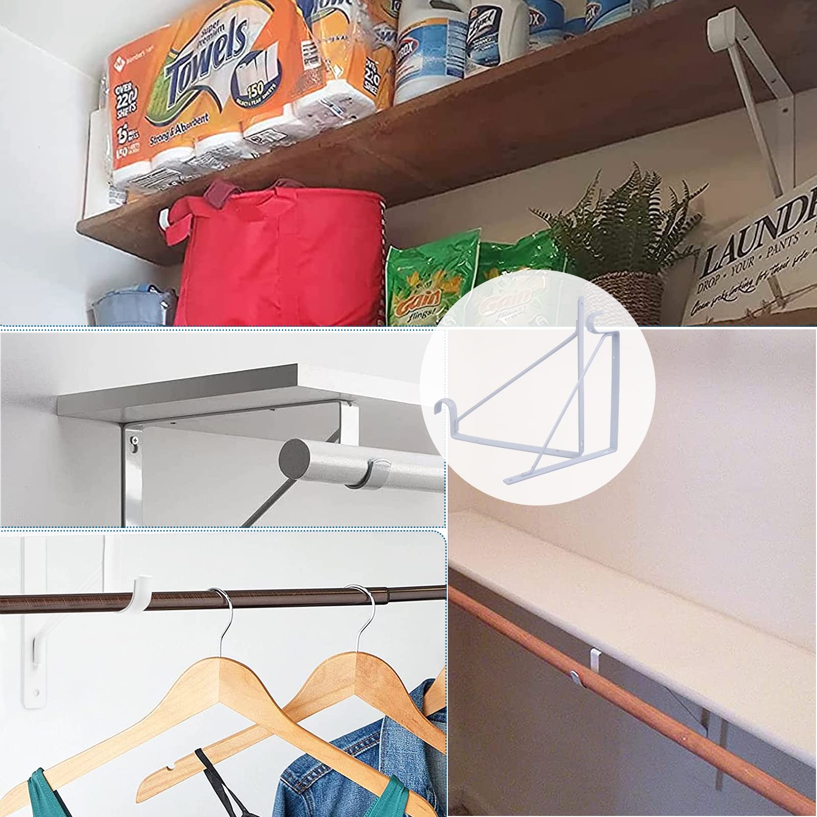 YROUHNAE 2 Pack White Closet Rod Brackets Heavy Duty 10.9"x12.3"x1" Closet Support Brackets for Rod, 300lb Weight Capacity Closet Shelf & Rod Brackets, Closet Pole and Shelves Support