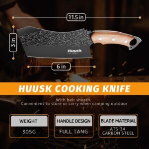 Huusk Meat Cleaver Knife with Sheath, Forged Full Tang Butcher Knife for Meat Cutting Black Viking Knife for Vegetables Cooking Knife for BBQ Camping Outdoor Gifts for Dad Thanksgiving Christmas Gift