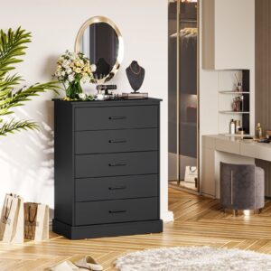 EPHEX Tall Dresser with 5 Drawers for Bedroom, Storage Tower Clothes Organizer, Black Chest of Drawers with Sturdy Pedestal, 27.6'' W x 15.8'' D x 40.2'' H