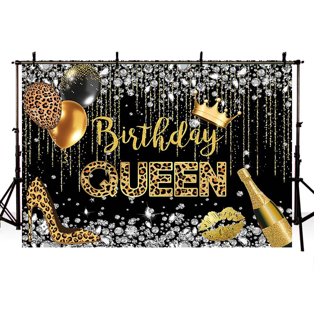 Sendy 7x5ft Birthday Queen Backdrop for Woman Girl Leopard Black and Gold Diamond Crown Balloon Champagne Photography Background Prom Bday Party Decorations Supplies Banner Cake Table Props, One Size