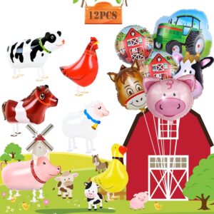 12 pieces farm animals balloons, foil balloons for farm animal birthday party supplies farm barnyard theme birthday baby shower party decorations