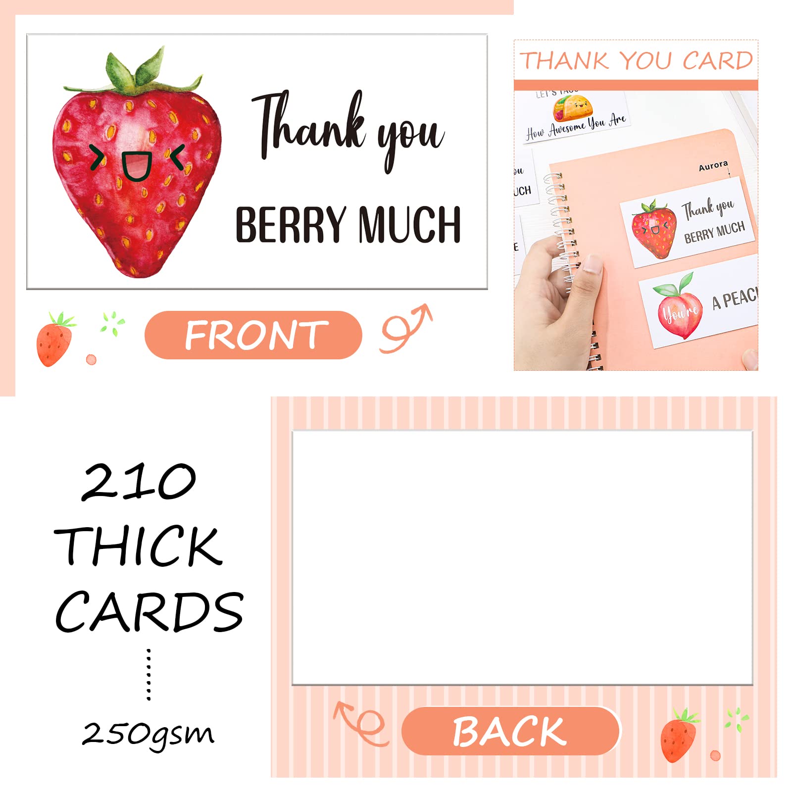 Woanger 210 Pcs Funny Thank You Cards Bulk Small Thank You Notes Pun 2 x 3.5 Inch Employee Appreciation Card Greeting Note Cards For Christmas Gifts Business Coworker Friends Recognition (Fruit)