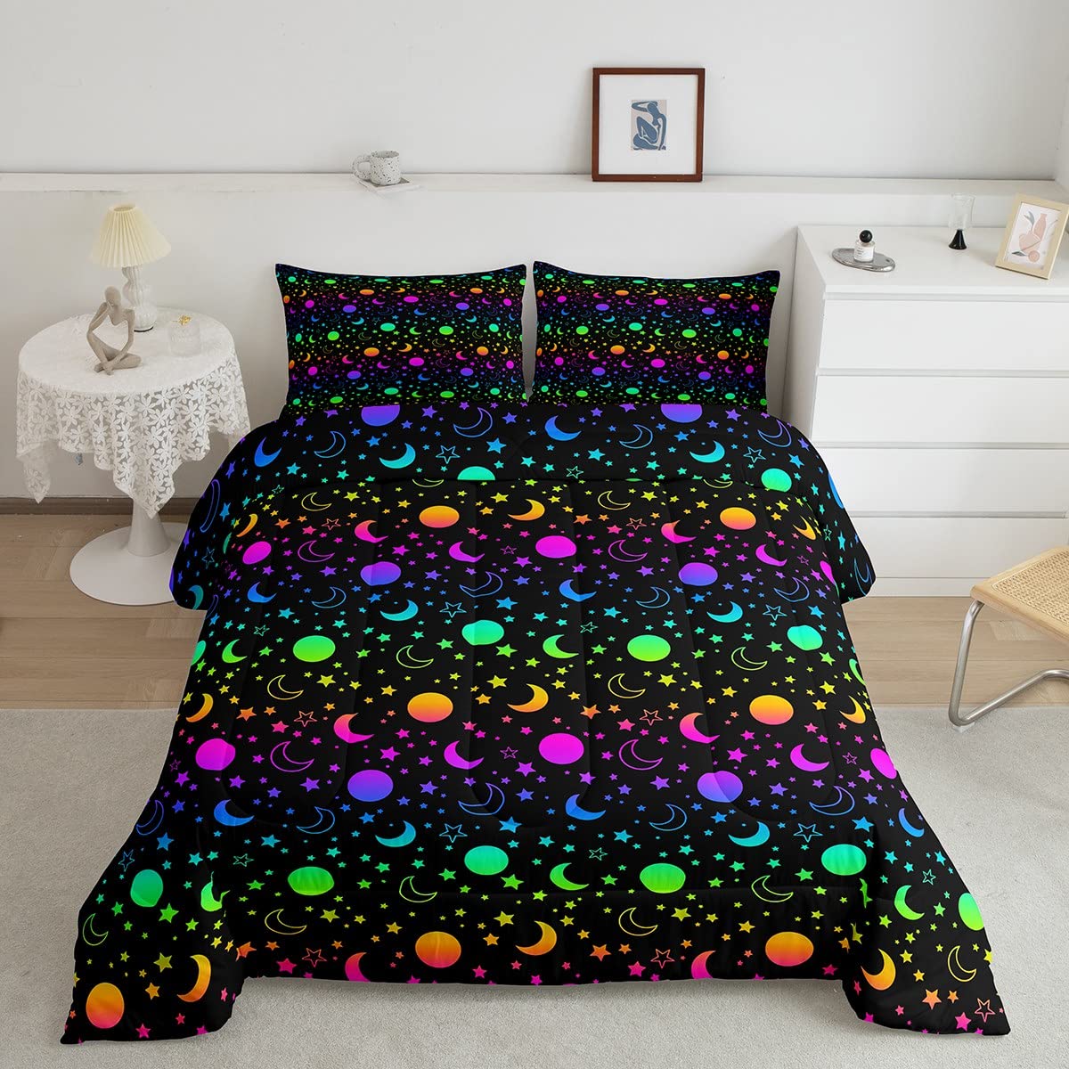 Moon Star Print Comforter Set Boho Exotic Bedding Set Galaxy Starry Sky Comforter for Kids Boys Girls Astrology Space Duvet Set Cosmic Celestial Room Decor Quilt Full Size Boys