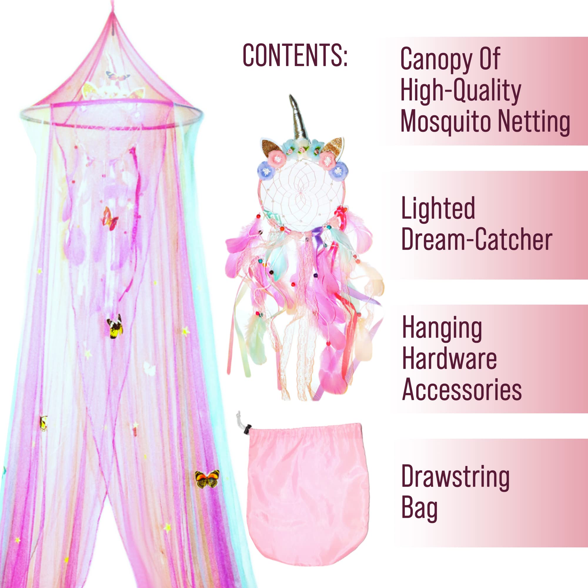 Kenyon Creek Rainbow Princess Bed Canopy with Lights for Girls Room, Unicorn Dream Catcher