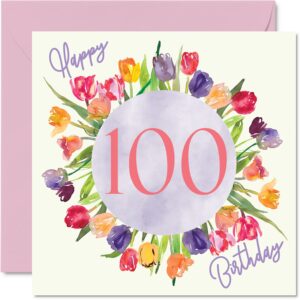 stuff4 beautiful 100th birthday cards for women - floral watercolour tulips bouquet, 5.7 x 5.7 inch, blank inside, envelope included, forest stewardship council certified