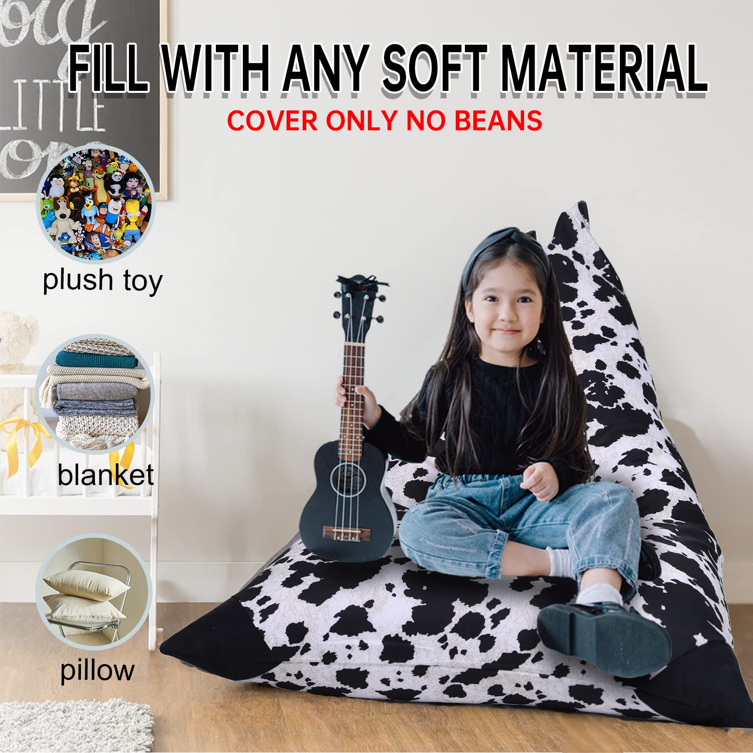 Cow Stuffed Animal Storage Bean Bag Chair, Cover Only, Plush Toys Holder and Organizer for Kids, Extra Large Beanbag Without Filling