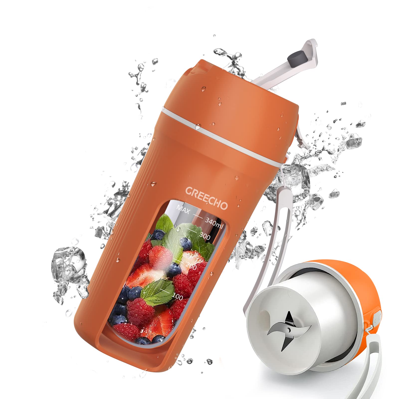 GREECHO Portable Blender, One-handed Drinking Mini Blender for Shakes and Smoothies, 12 oz Personal Blender with Rechargeable USB, Made with BPA-Free Material Portable Juicer, Carrot Orange