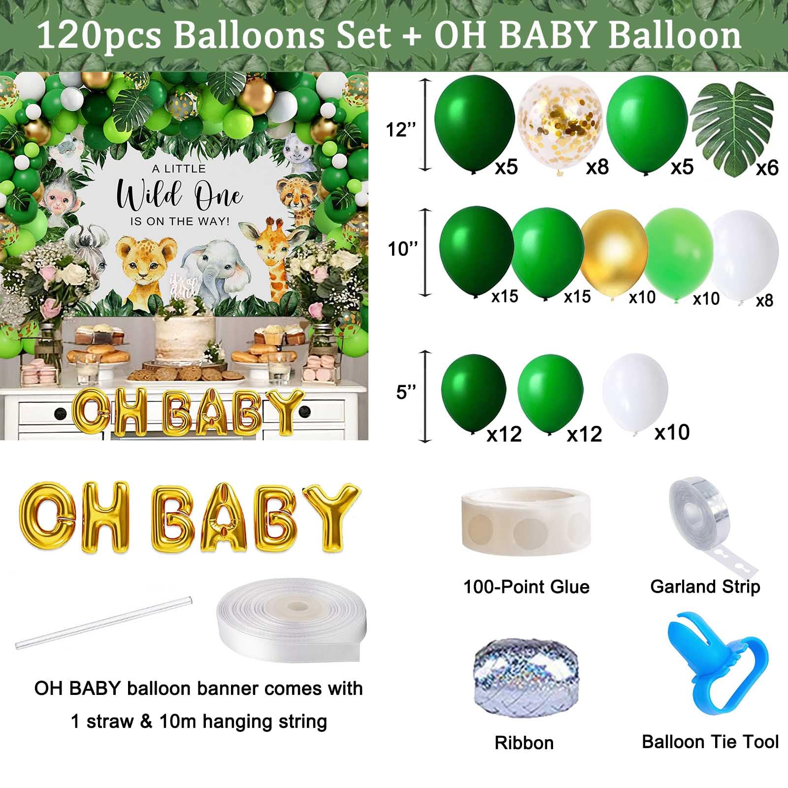 Yuzioey 224PCS Safari Baby Shower Decorations, Jungle Animals Oh Baby Party Supplies, Safari Disposable Dinnerware (Serve 24 Guests)with Paper Plates Cups, Backdrop Tablecloth Balloon Garland Kit