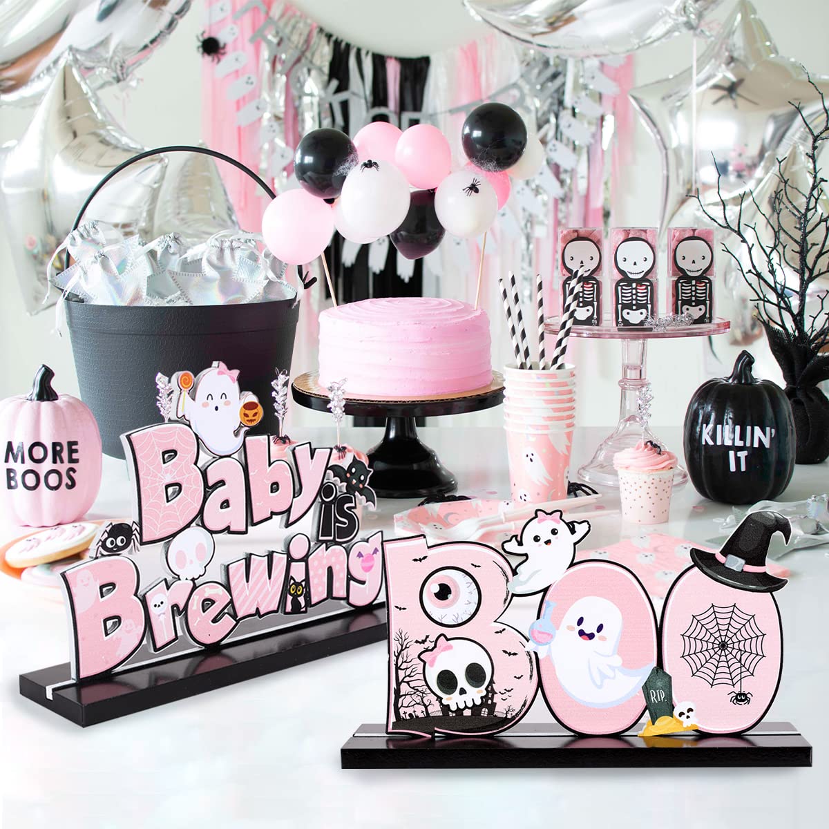 A Baby is Brewing Baby Shower Decorations - Halloween Wooden Centerpiece Sign, Pink Halloween Baby Shower, Gender Reveal Decor, Boo Spooky Baby is Brewing Party Table Decorations, Set of 3