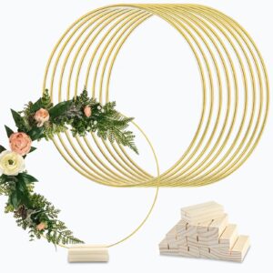 10pcs 12 inch metal floral hoop centerpiece table decorations, gold wreath macrame hoop rings with 10pcs wooden place card holders for craft wedding table decor home party decor