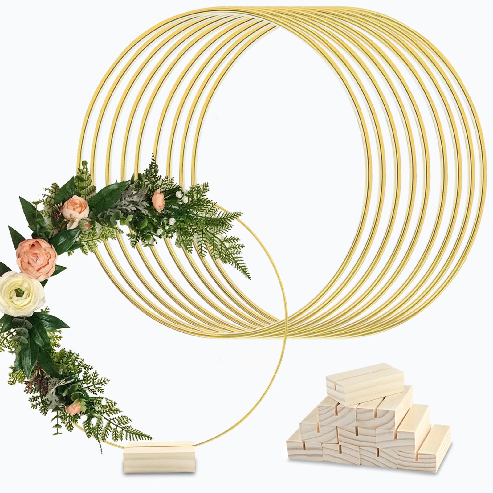 10Pcs 12 Inch Metal Floral Hoop Centerpiece Table Decorations, Gold Wreath Macrame Hoop Rings with 10Pcs Wooden Place Card Holders for Craft Wedding Table Decor Home Party Decor