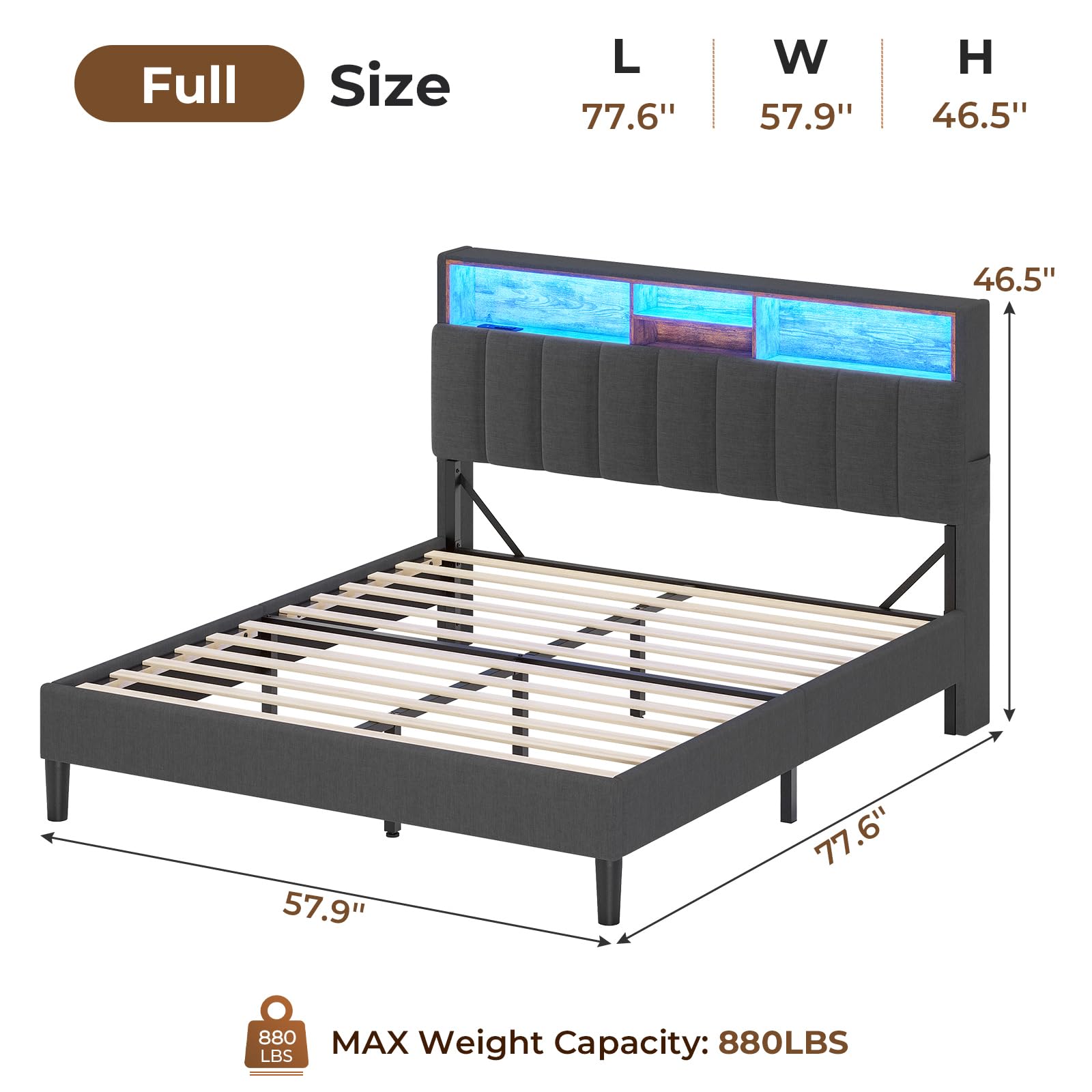 Tiptiper Full Size Bed Frame with LED Lights Headboard, Button Tufted Bed Frame Full with Outlets & USB Ports, Upholstered Bed with Storage, Dark Grey