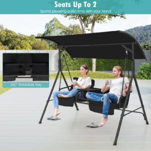 Happygrill 2 Person Porch Swing with Canopy, Outdoor Patio Swing with Center Tray & 6 Gal Cooler Bag, 2 Back Cushions & 2 Seat Cushions Included