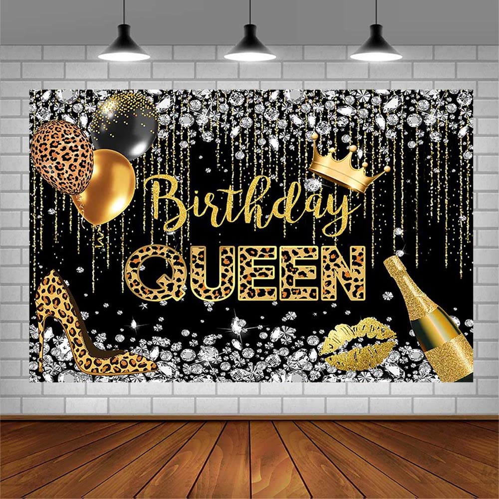 Sendy 7x5ft Birthday Queen Backdrop for Woman Girl Leopard Black and Gold Diamond Crown Balloon Champagne Photography Background Prom Bday Party Decorations Supplies Banner Cake Table Props, One Size