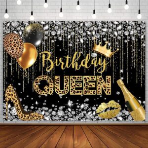 sendy 7x5ft birthday queen backdrop for woman girl leopard black and gold diamond crown balloon champagne photography background prom bday party decorations supplies banner cake table props, one size