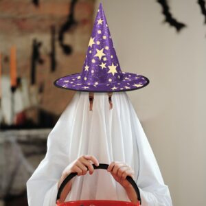 KINBOM Wizard Hat Kids, 15x14 Inch Five Pointed Star Witch Hat Kids Costume & Cosplay Witch Hat Halloween Party Yard Decoration for Kids Party Favors Festival Dressing Up (Purple)