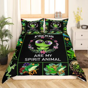 Castle Fairy Cute Frog Duvet Cover Queen Size Frog Lovers Comforter Cover with 2 Pillowcase for Teens Adults Kids Green Frog Bedding Set Animals Grid Breathable 3 Pieces Decorative Bed Cover