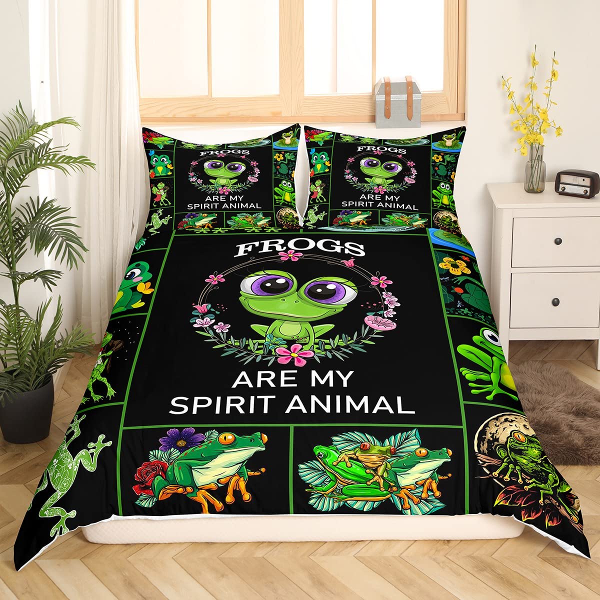 Castle Fairy Cute Frog Duvet Cover Queen Size Frog Lovers Comforter Cover with 2 Pillowcase for Teens Adults Kids Green Frog Bedding Set Animals Grid Breathable 3 Pieces Decorative Bed Cover