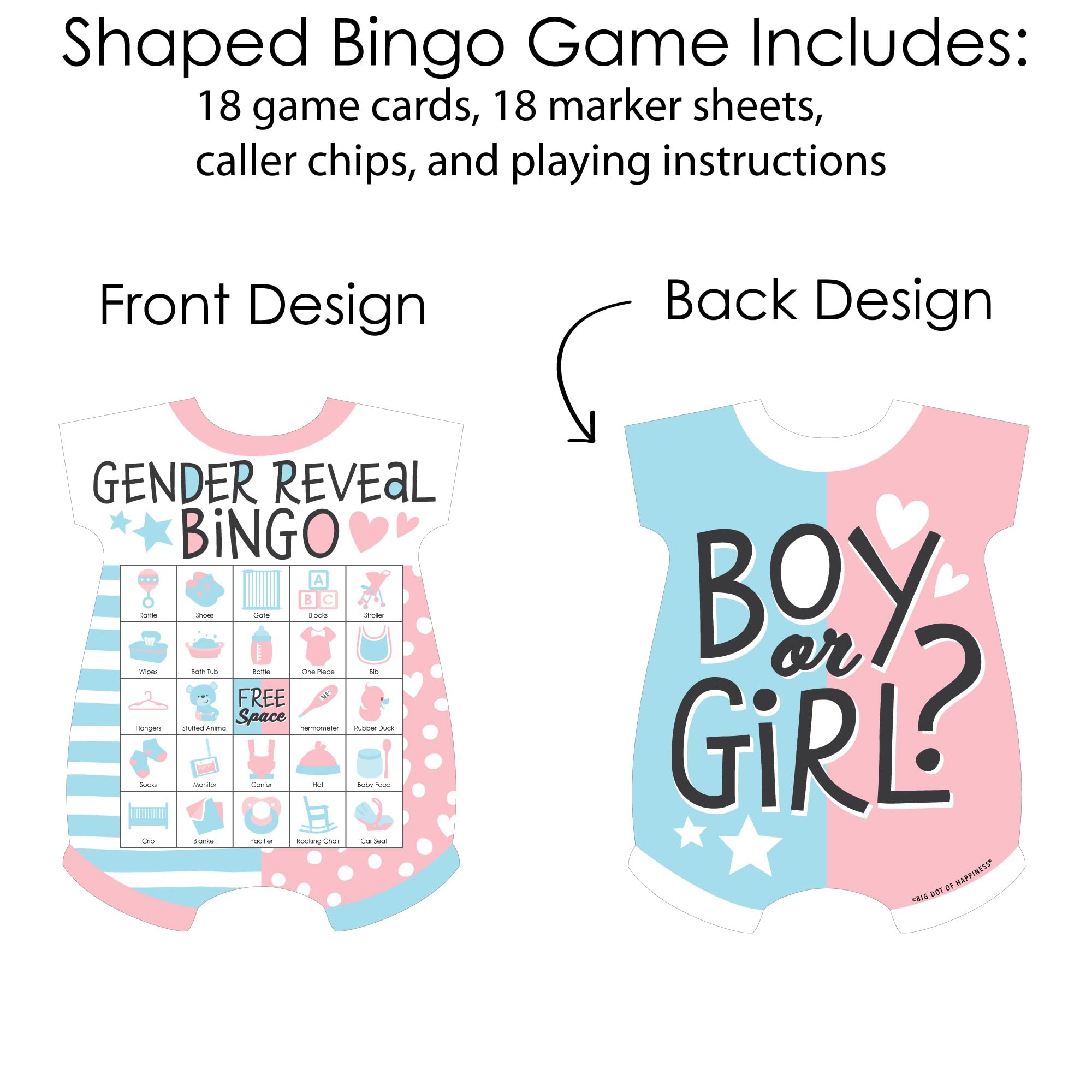 Big Dot of Happiness Baby Gender Reveal - Picture Bingo Cards and Markers - Team Boy or Girl Baby Shower Shaped Bingo Game - Set of 18