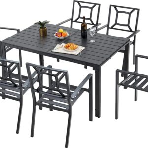 AECOJOY 7 Piece Outdoor Dining Set, Patio Table and Chairs Set with Rectangular Aluminum Table and 6 Metal Stackable Chairs for Garden, Backyard, Matte Black