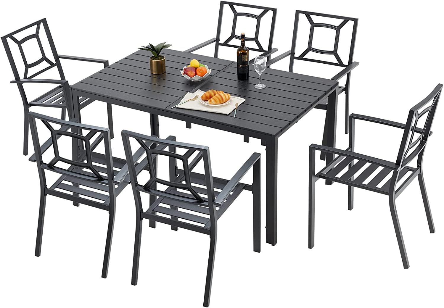 AECOJOY 7 Piece Outdoor Dining Set, Patio Table and Chairs Set with Rectangular Aluminum Table and 6 Metal Stackable Chairs for Garden, Backyard, Matte Black