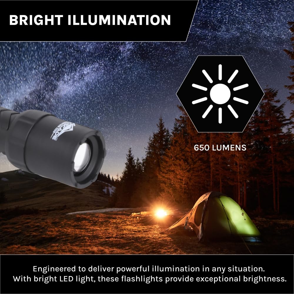 Cascade Mountain Tech 650-Lumen IPX8 Waterproof LED Flashlight with 3 Light Modes for Outdoor and Emergency Use - 3 Pack