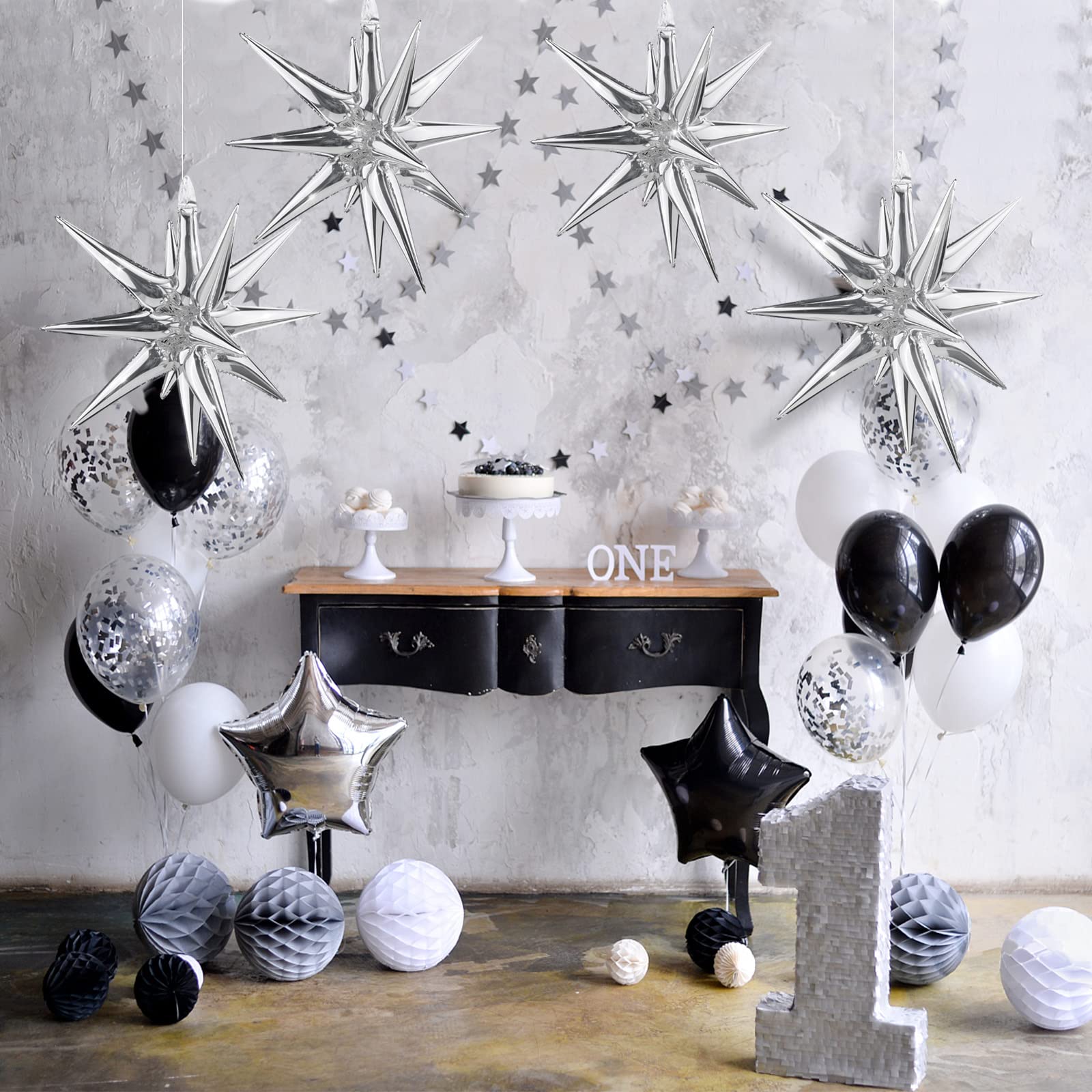 Moukiween 6 Pcs Explosion Star Foil Balloons- 12 Point Star Balloons, Silver Starburst Cone Mylar Balloons Spike Balloons for Party Supplies Christmas Birthday Wedding Baby Shower Photo Booth