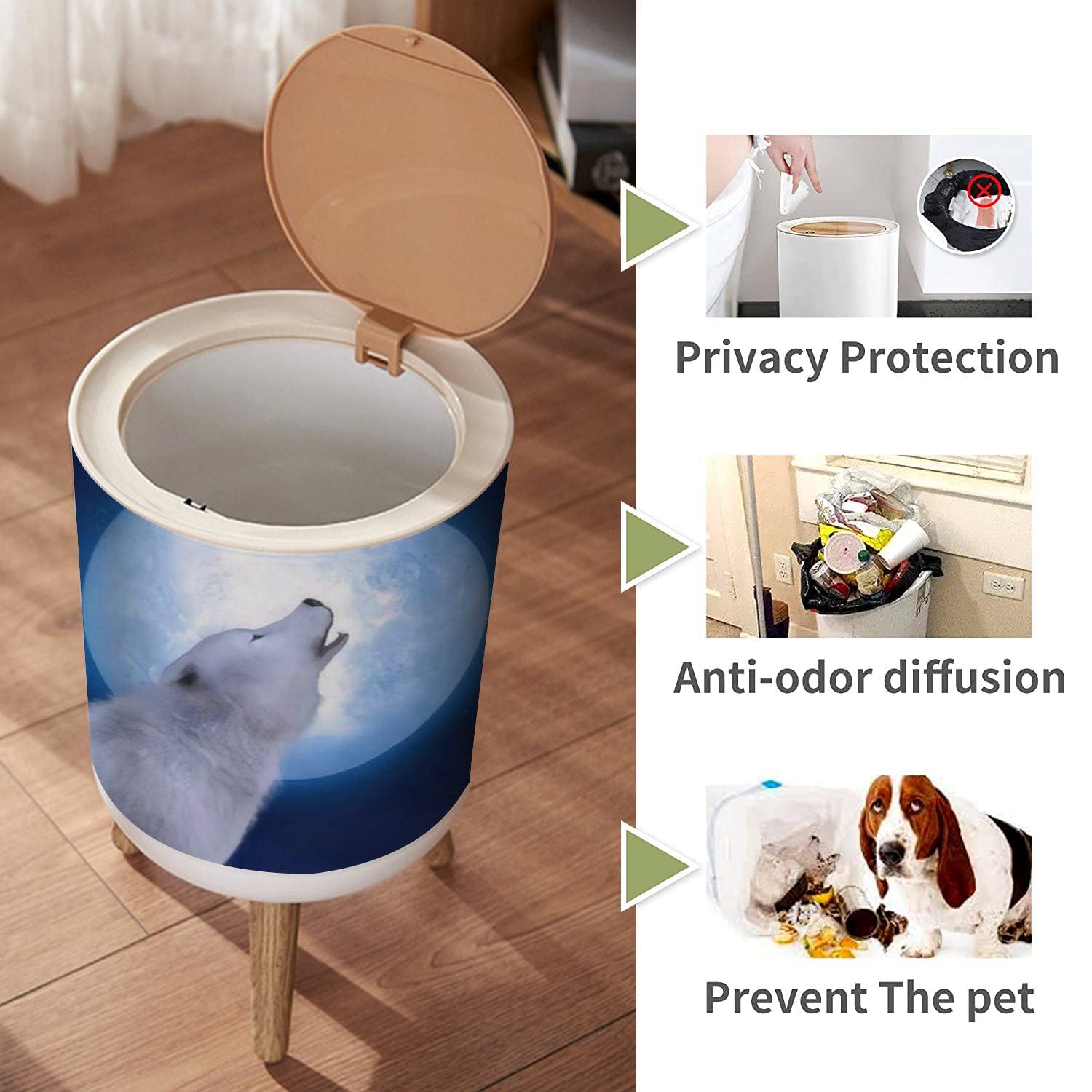 Small Trash Can with Lid for Bathroom Kitchen Office Diaper 3D rendering a majestic white sitting down howling to a big moon Stars Bedroom Garbage Trash Bin Dog Proof Waste Basket Cute Decorative